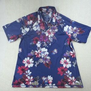 Tommy Bahama IslandZone Men's M Blue Floral Tropical Stretch Polo Shirt Aloha
